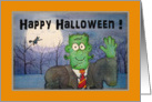 Happy Halloween Kid Kids Whimsical Watercolor Frankenstein Monster Card