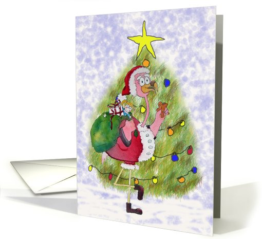 Pink Flamingo Santa Christmas Merry Tree Whimsical card (703850)