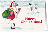 Pink Flamingo Merry Christmas Snowman Santa Card