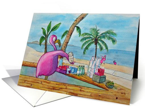 Pink Flamingo Serving Drinks Beach Bar Tropical card (704642)