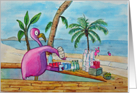 Pink Flamingo Serving Drinks Beach Bar Tropical Card