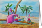 Pink Flamingo Serving Drinks Beach Bar Tropical Card