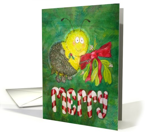 Happy Holiday Holidays Bee Merry Whimsical Mistletoe Candycane card