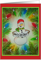 Happy Snowman Whimsical Lights Merry Christmas Card