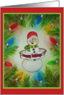 Happy Snowman Whimsical Lights Happy Holidays Watercolor Card