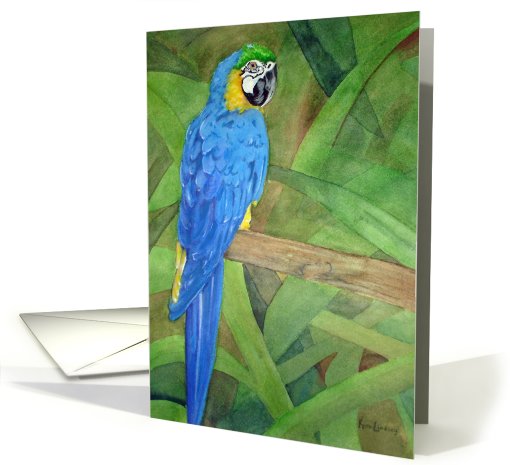 Cyan Blue Parrot Bird Palm Tree Watercolor Painting Blank card