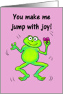 Funny I love You Frog Jumping with Love Pink Heart card