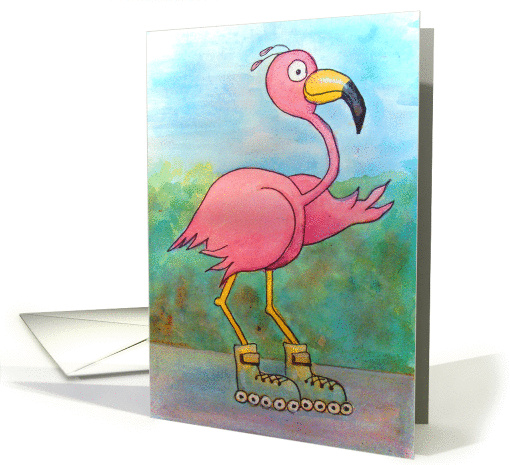 Pink Flamingo Rolling By to Say Hello Friend Whimsical Bird card