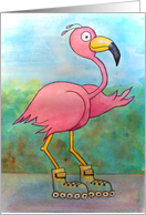 Pink Flamingo Rolling By to Say Hello Friend Whimsical Bird card