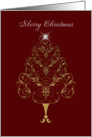 Elaborate gold christmas tree ruby red background card