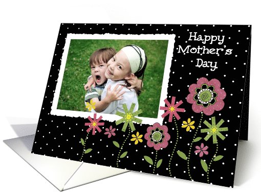mother's day photo card black with white spots and flowers card