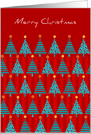 Teal Christmas Trees on Red Background Wish a Merry Christmas card