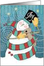 Joyful Snowman Wraps Puppy in His Scarf Holiday Card