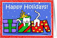 Happy Holidays, Cute Cats in Gift Boxes with Snow card