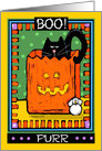 Cute Halloween Black Cat Hiding in Trick or Treat Bag Says Boo Purr card