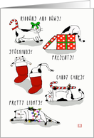 Exhausted Christmas Cats with Presents Stockings and Candy Canes card
