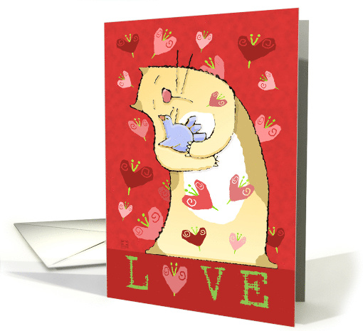Valentine Love Cat with Bird and Heart Butterflies card (1075468)