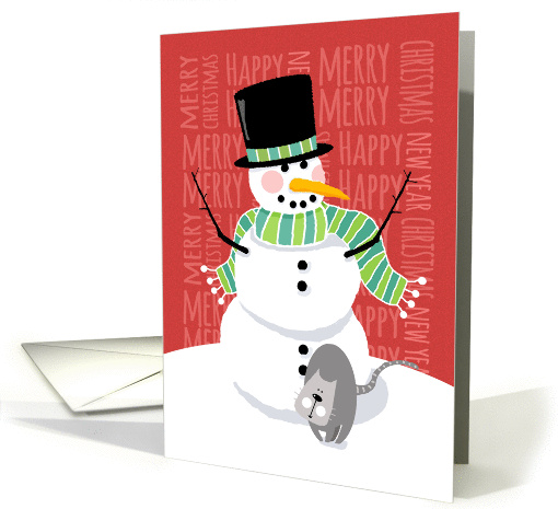 Happy Snowman and Cute Gray Cat in the Snow with Text Design card