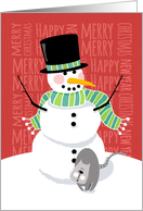 Happy Snowman and Cute Gray Cat in the Snow with Text Design card