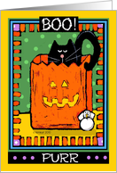 Cute Halloween Black Cat Hiding in Trick or Treat Bag Says Boo Purr card