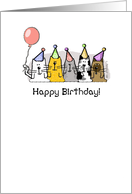 Happy Birthday Line of Cats in Party Hats with Balloon card