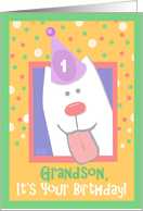 1st Birthday, Grandson, Happy Dog, Party Hat card