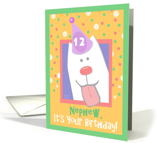 12th Birthday, Nephew, Happy Dog, Party Hat card (847233)