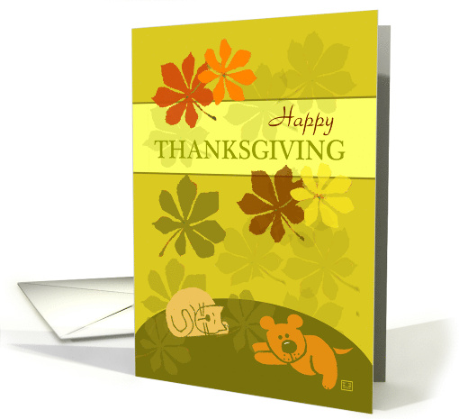 Happy Thanksgiving Pets Cats Dogs Folk Art Style card (871198)