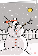 Holiday Cat and Snowman on Snowy Night card