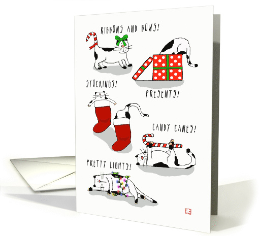Exhausted Christmas Cats with Gifts Stockings and Candy Canes card