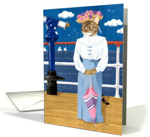 Edwardian cat (tabby cat in Edwardian dress at the seaside) card