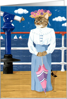 Edwardian cat (tabby cat in Edwardian dress at the seaside) card