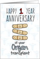 Cute Bandages - Happy 1 year Anniversary - Organ Transplant card