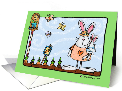 Cartoon Bunny Mom with Child in Carrot Garden card (45662)
