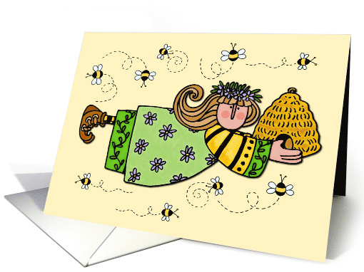 Bee Happy Girl with Beehive and Bees card (46166)