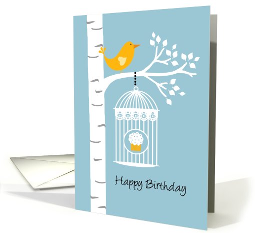 Birch Tree with Bird and Cupcake - Happy Birthday card (676851)