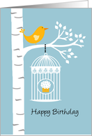Birch Tree with Bird and Cupcake - Happy Birthday card