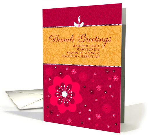 Diwali Greetings - Red and Pink Floral with Lamp card (682177)