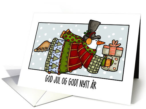 Flying Snowman with Present Christmas Wishes in Norwegian card