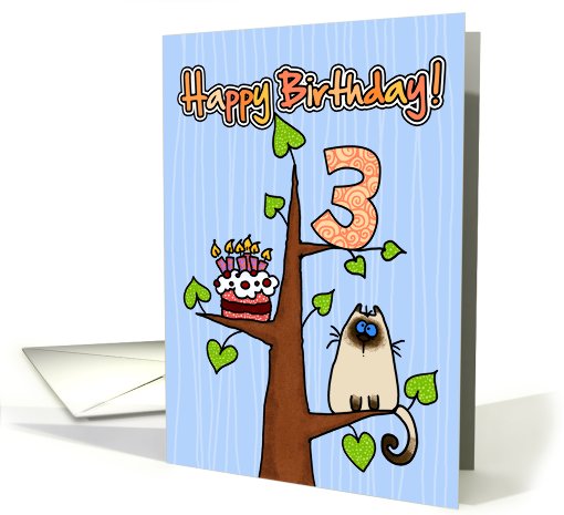 Happy Birthday - 3 years old - Kitty and Cake in tree card (827386)