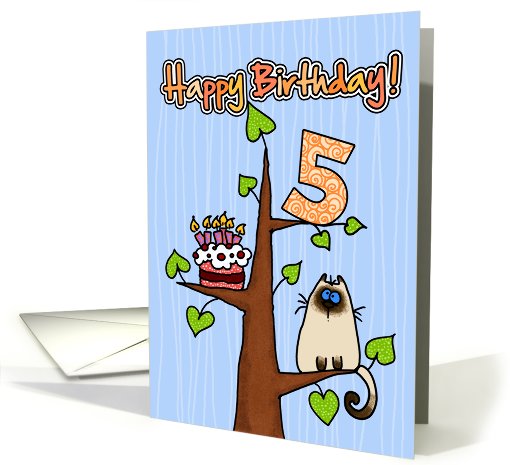 Happy Birthday - 5 years old - Kitty and Cake in tree card (827388)