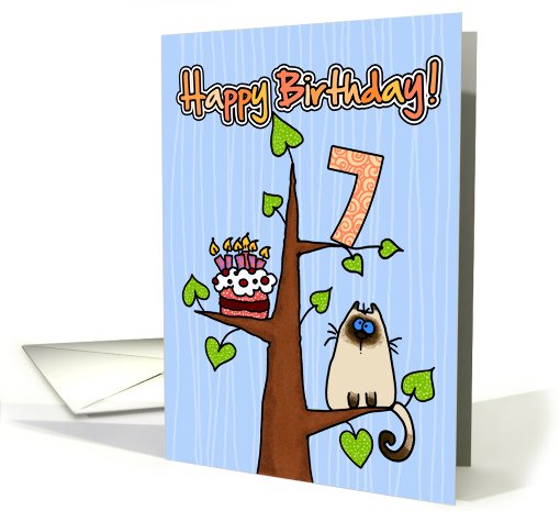 Happy Birthday - 7 years old - Kitty and Cake in tree card (827390)