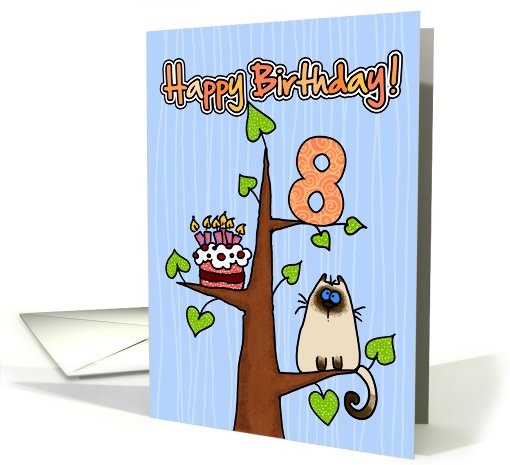 Happy Birthday - 8 years old - Kitty and Cake in tree card (827392)