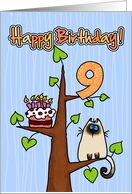 Happy Birthday - 9 years old - Kitty and Cake in tree card