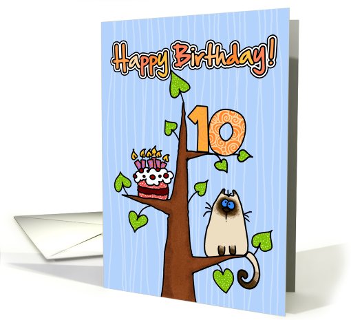 Happy Birthday - 10 years old - Kitty and Cake in tree card (827394)