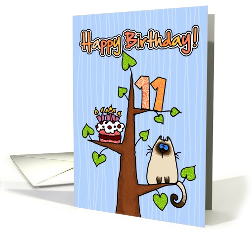 Happy Birthday - 11 years old - Kitty and Cake in tree card (827395)