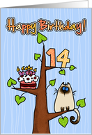 Happy Birthday - 14 years old - Kitty and Cake in tree card