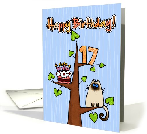 Happy Birthday - 17 years old - Kitty and Cake in tree card (827403)
