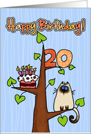 Happy Birthday - 20 years old - Kitty and Cake in tree card
