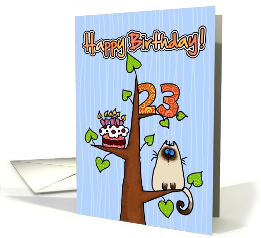 Happy Birthday - 23 years old - Kitty and Cake in tree card (827564)